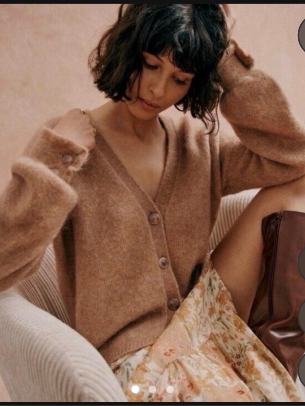 Sezane Cozy Women's Brown V-Neck Button Cardigan Sweater with cuff ruffle